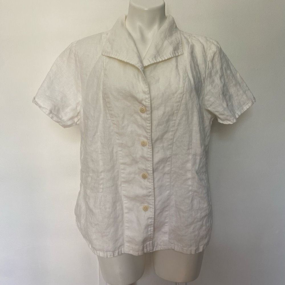 Flax 100% Linen ivory boxy button down short sleeve top
